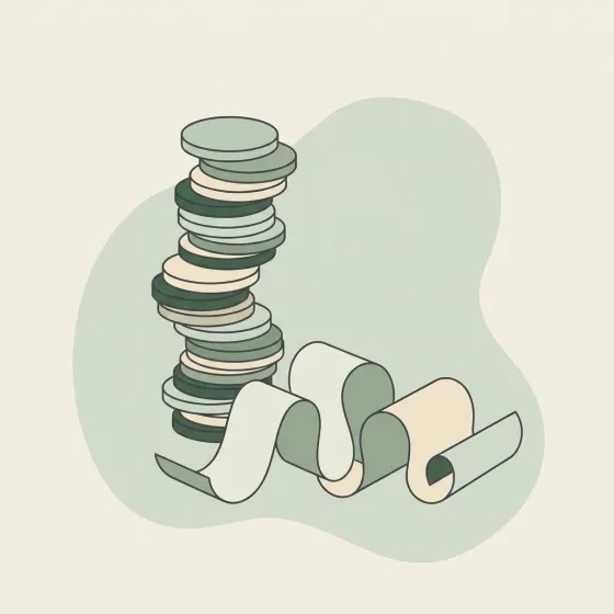 Tall stack of coins beside a long receipt