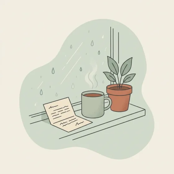 Cup of tea and a plant on a rainy windowsill