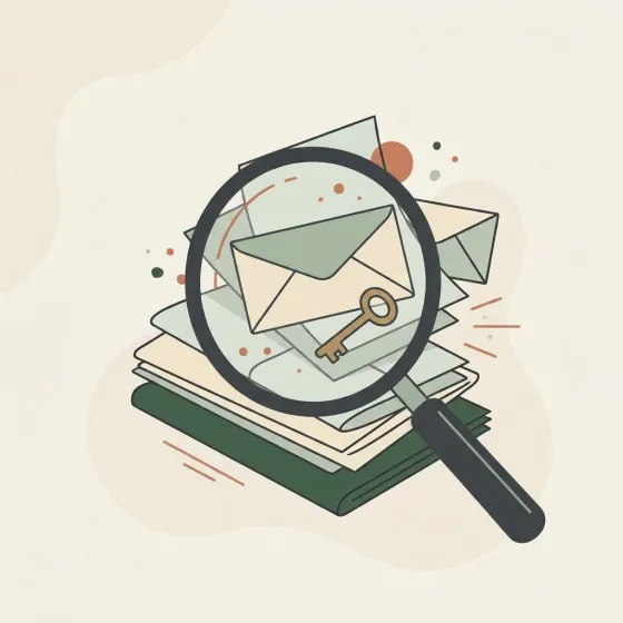 Magnifying glass revealing a forgotten envelope and key