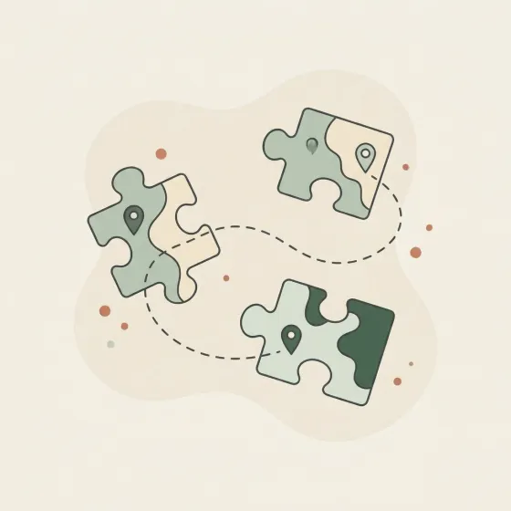 Map pieces in different places connected by a dashed path